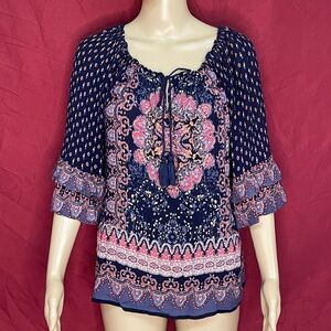 Bila Gauze Bohemian Double Bell Sleeve Tassel Tunic Size Small